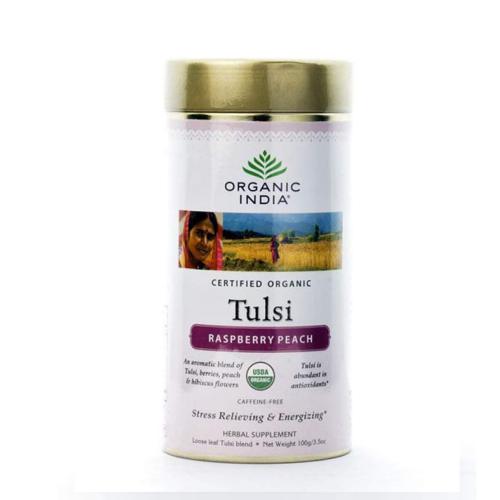 Базиликовый чай Малина и Персик Органик Индия (Organic India Tulsi Rasberry Peach), 100г